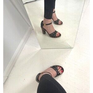 Fashion!!! Louis Vuitton Black Leather Nail Stud Ankle Strap heels
